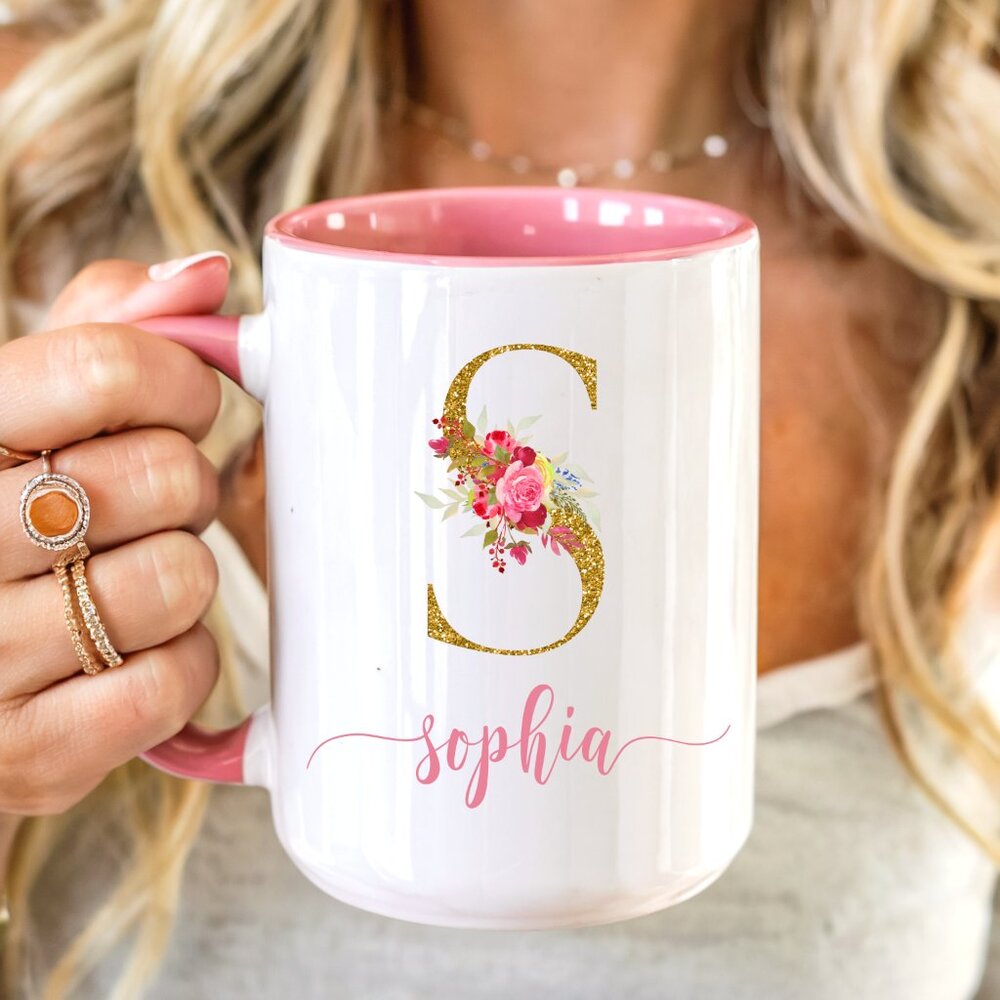 Monogram Pink Latte Mug, Personalized Gifts, Girls Drinkware Cup